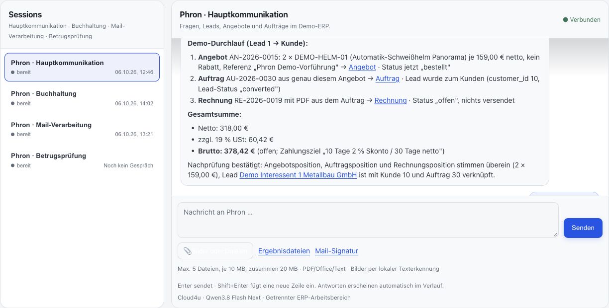 Aktuelle Phron-Oberfläche mit Sessions, Beleglinks und dem vorhandenen Demo-Durchlauf von Angebot, Auftrag und Rechnung