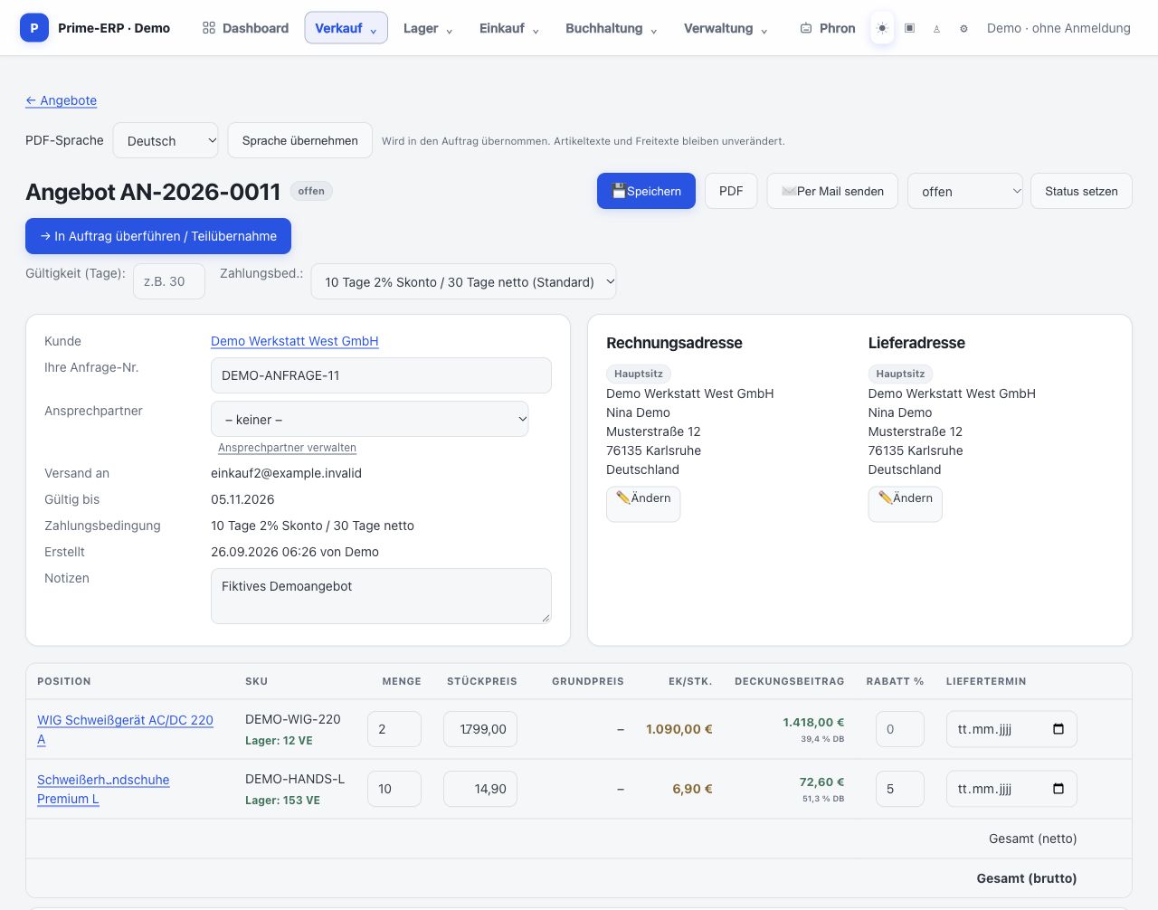Original-Angebotsmaske AN-2026-0011 der ERP-Demo mit Schweißgerät und Handschuhen, bearbeitbaren Mengen und Preisen, Rabatt und Deckungsbeiträgen
